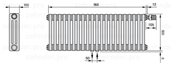 Схема (чертеж) Радиатор Zehnder Charleston 3050/21 №V008 Белый глянцевый RAL 9016